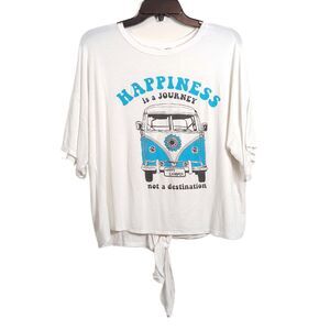 Happy Camper T-Shirt Womens L White Dolman Sleeve Open Tie Back 70s Hippie Boho